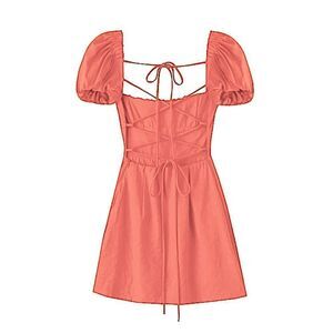 Coral Orange cap sleeve open back lace up cap sleeve mini square neck dress L